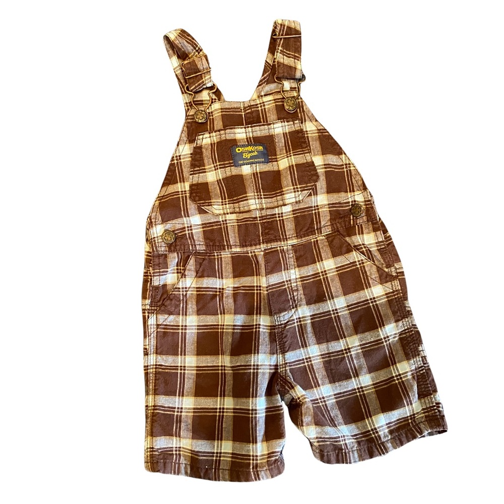 OshKosh B’Gosh Baby Shorts Bib Overalls Romper Plaid Brown/White Size 12 Months